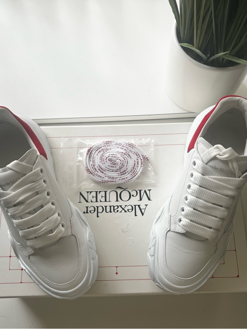 Women’s Alexander McQueen White Leather Sneakers with Red Heel Accent size 36.5